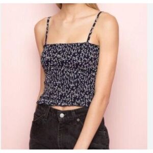 BRANDY MELVILLE Dark Blue White Floral Crop Smocked Cami Ally Tank Top